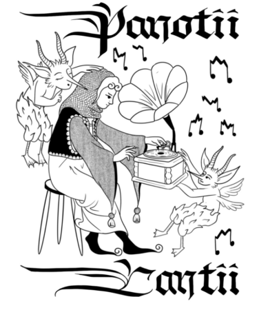logo panotii cantii, une personne en habits médiévaux près d'un gramophone entourée de créatures fantastiques à ailes et cornes