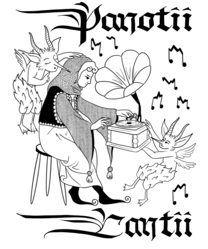 logo panotii cantii, une personne en habits médiévaux près d'un gramophone entourée de créatures fantastiques à ailes et cornes
